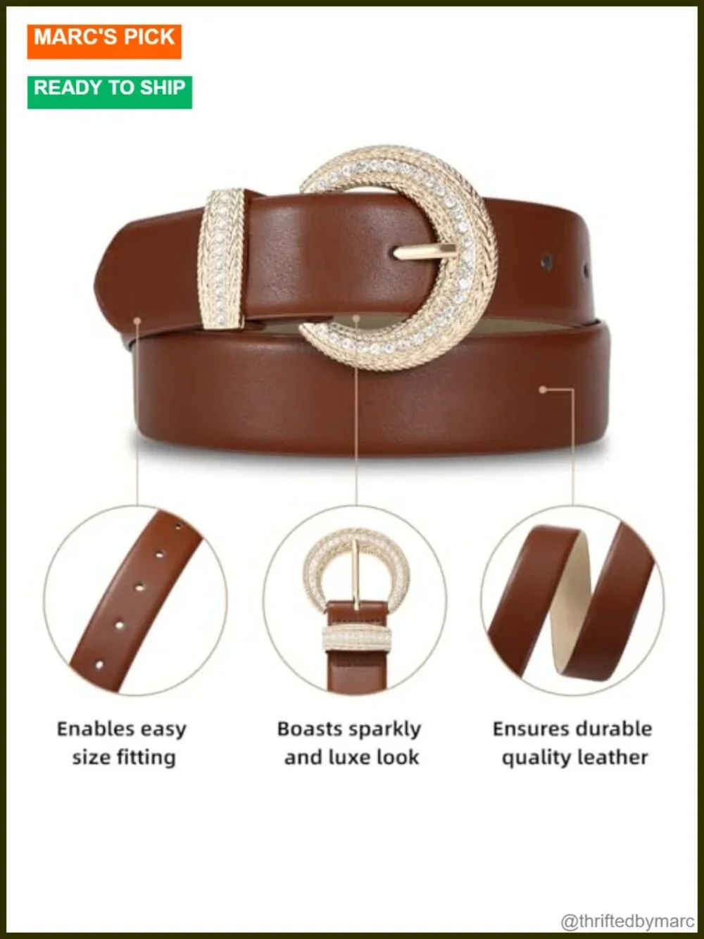 Synthetic Leather Belt with Gold Rhinestone Buckle Dress Belt